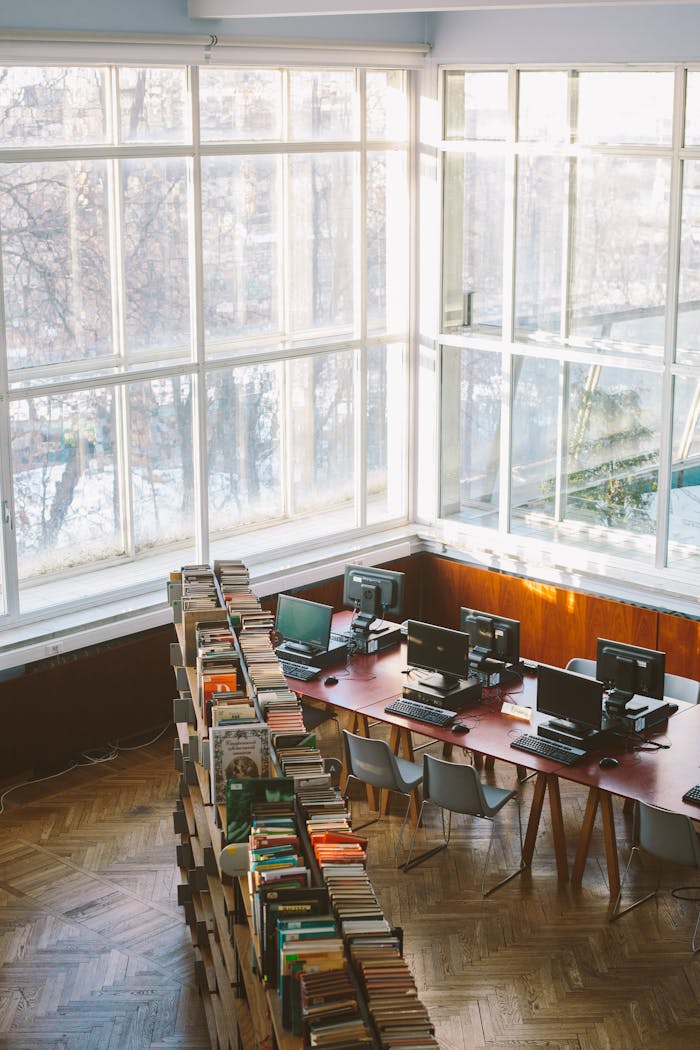 Library with large windows, bookshelves, and computers, perfect for studying.